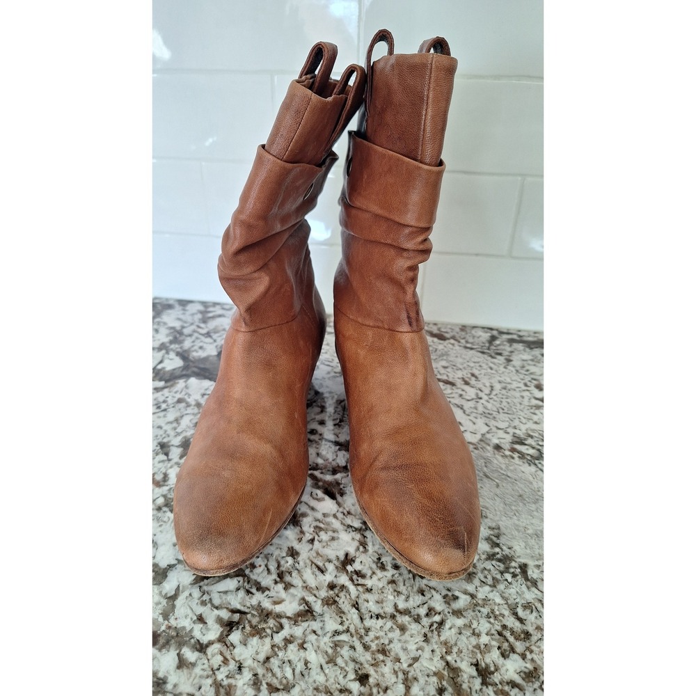 Frye Sam Double Shaft Cognac Leather Slouch Wedge Boots 77387 Womens 6M